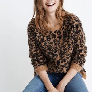 Madewell Brown and Black Crew Neck Sweater with Leopard Print alpaca/merinowool